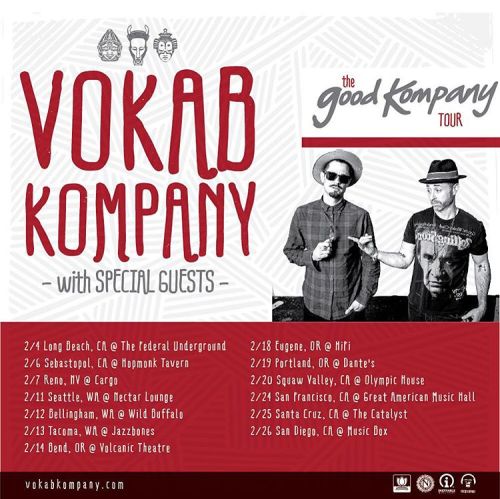 At long last, our Tour dates are announced, spanning 2/4-2/26, we will be playing #TheGoodKompanyAlbum from top to bottom, in order that they appear on the album, so be sure to DL the record fr your favorite source #Itunes etc. On 1/20. can’t wait!! #LongBeach #Sebastapool #Reno #Seattle #Bellingham #Tacoma #Bend #Eugene #Portland #NorthLakeTahoe #SanFrancisco #santacon #SanDiego #thegoodkompanytour #albumrelease #sandiegomusic #westcoastmusic #sandiegohiphop (at The Kong Shop)